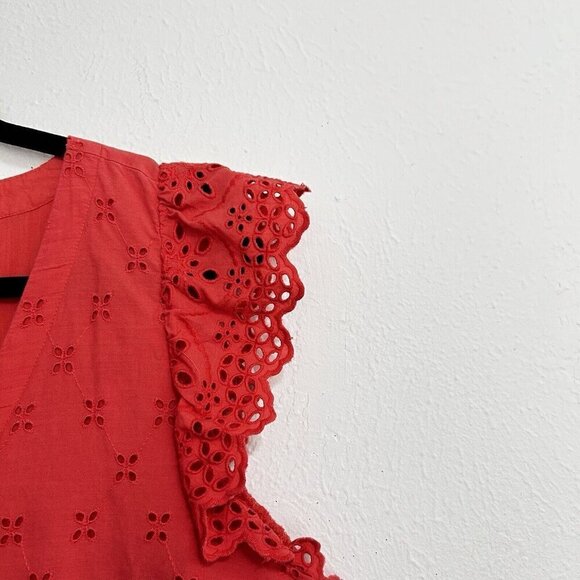 LOFT Coral Embroidered Eyelet Flutter Sleeve Tiered Ruffle Shift Dress Size 12 - Picture 12 of 13